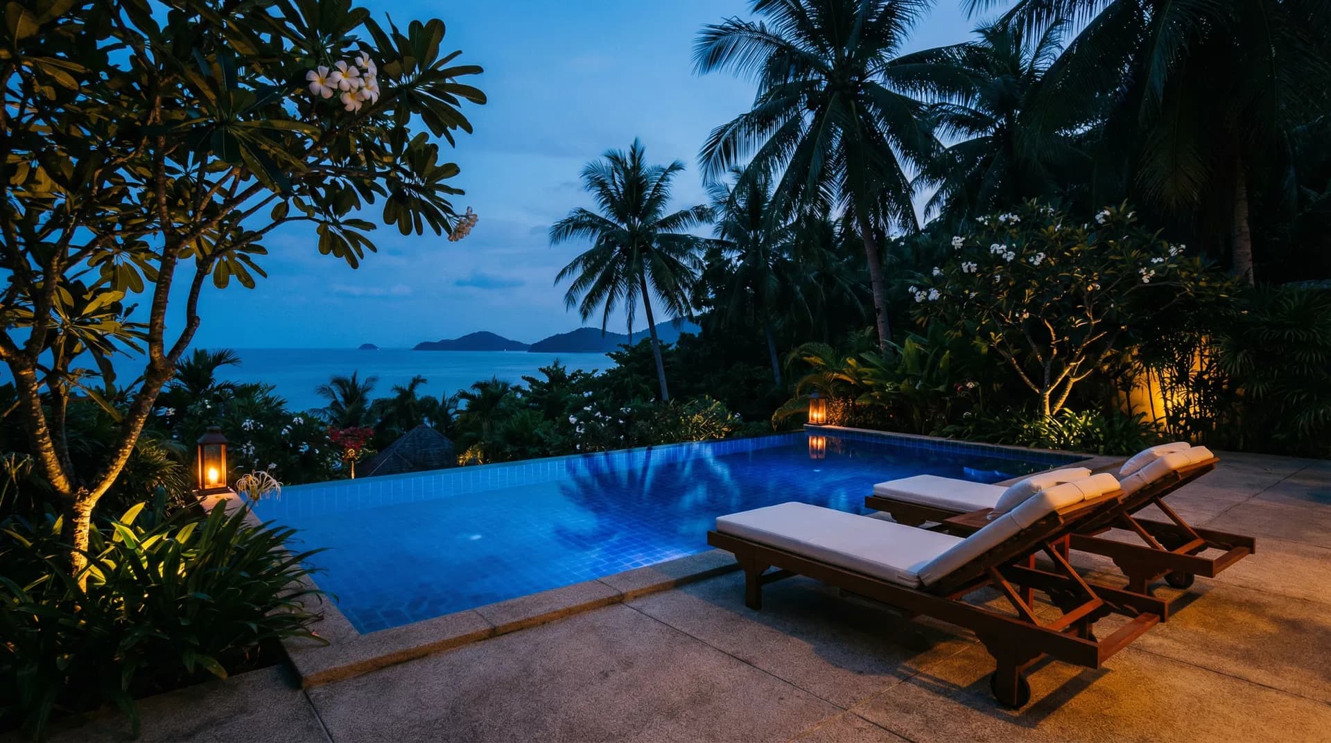 A HOMI villa pool at evening, lit softly against the tropical night